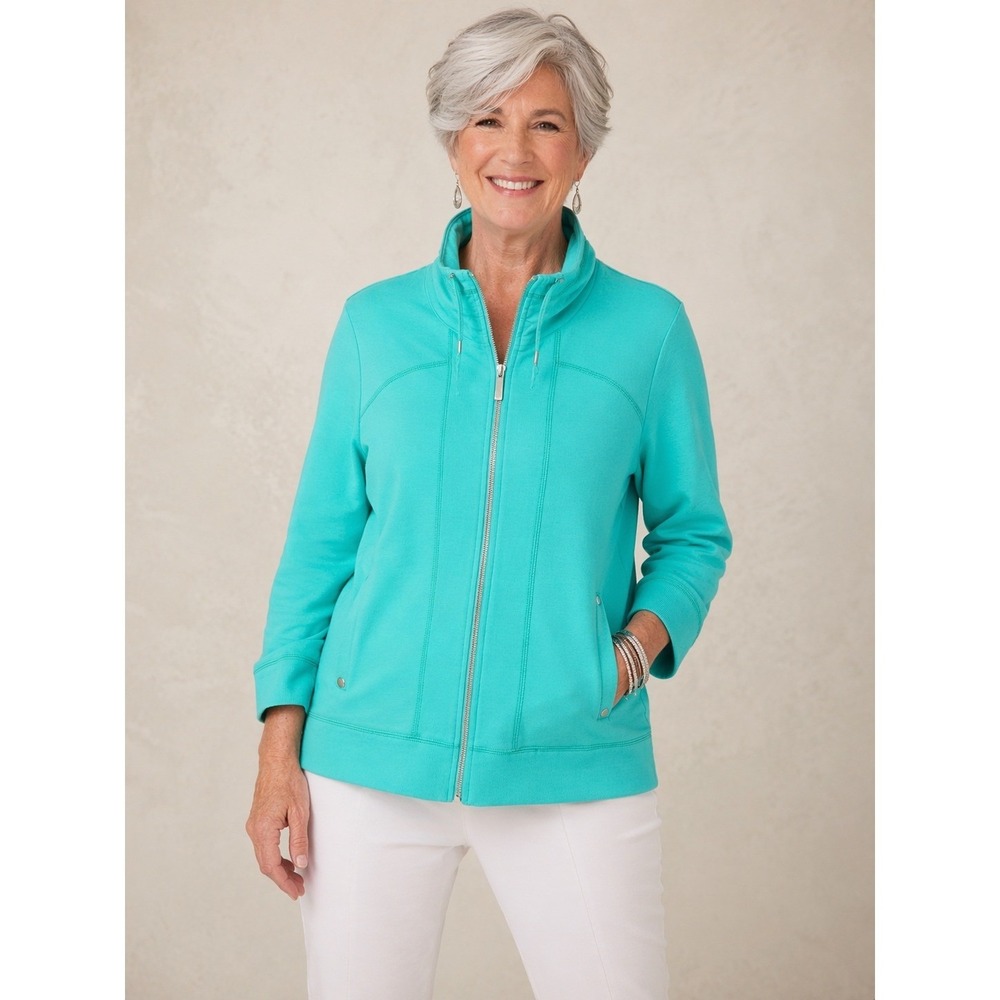 Chico's Weekends Jayme Jacket Women 0/Small Teal‎ Blue Zip Up 3/4 Sleeve